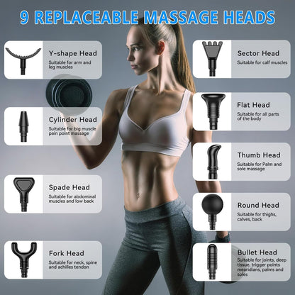 Massage Gun, Muscle Massage Gun for Athletes Handheld Electric Deep Tissue Back Massager, Percussion Massage Device for Pain Relief with 30 Speed Levels 9 Heads Black