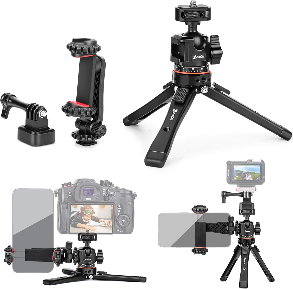 Metal Camera Mini Tripod, with 1/4" Screw Ball Head Mount, Adjustable Heights Desktop Vlog Stand for Smooth 4 Osmo Mobile Ronin-S Vimble 2 Gimbal Handle Grip Stabilizer and All Cameras
