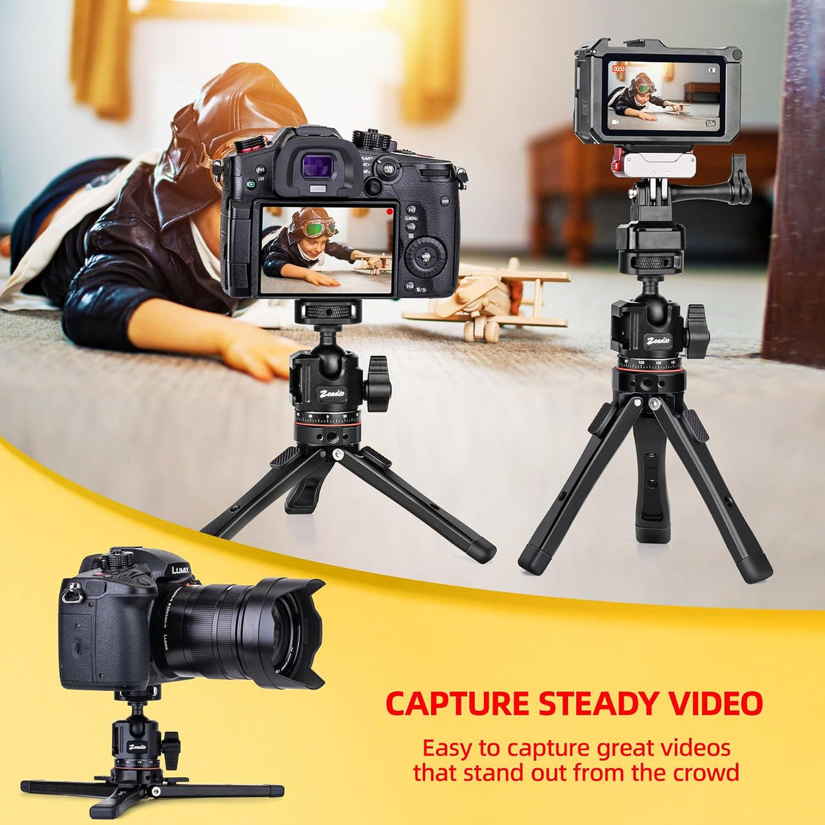 Metal Camera Mini Tripod, with 1/4" Screw Ball Head Mount, Adjustable Heights Desktop Vlog Stand for Smooth 4 Osmo Mobile Ronin-S Vimble 2 Gimbal Handle Grip Stabilizer and All Cameras